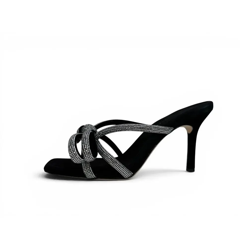 Loeffler Randall Margi‎ Bow Heeled Mule Size 10 Black Suede Embellished Crystal